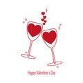 Set of Valentine`s Day icons. Two wine glasses with red wine in shape of heart, stars and hearts decor. Royalty Free Stock Photo